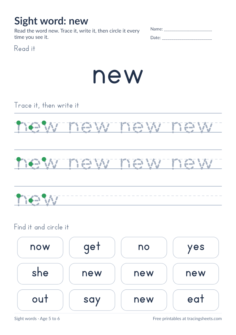 Preview of the printable sight word: new worksheet