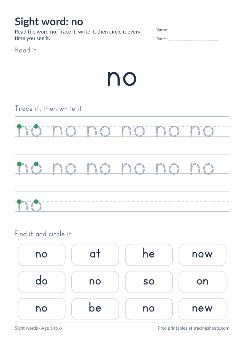 Preview of the printable sight word: no worksheet