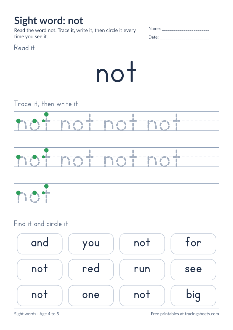 Preview of the printable sight word: not worksheet