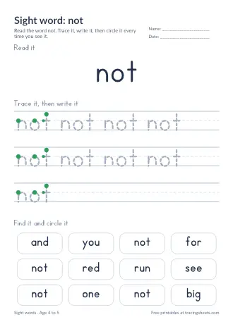 Preview of the sight word: not worksheet