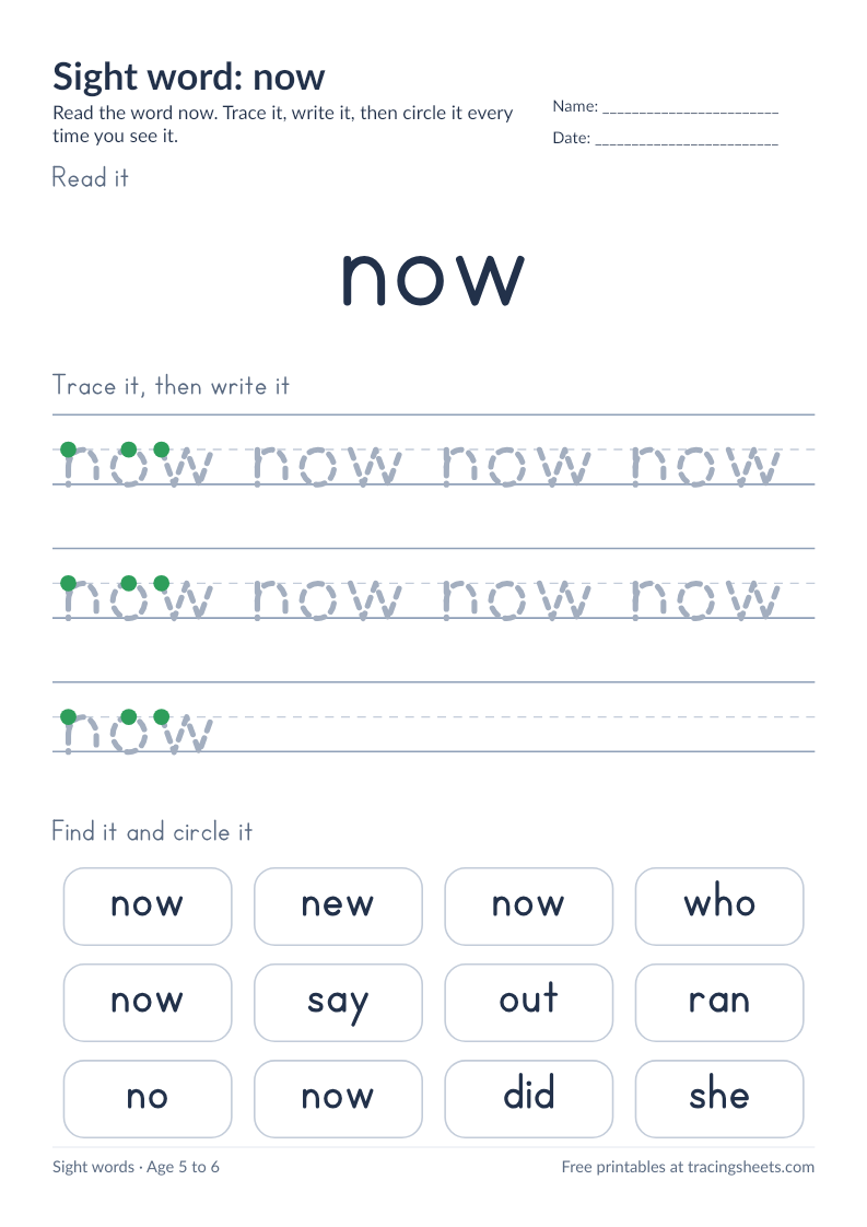 Preview of the printable sight word: now worksheet