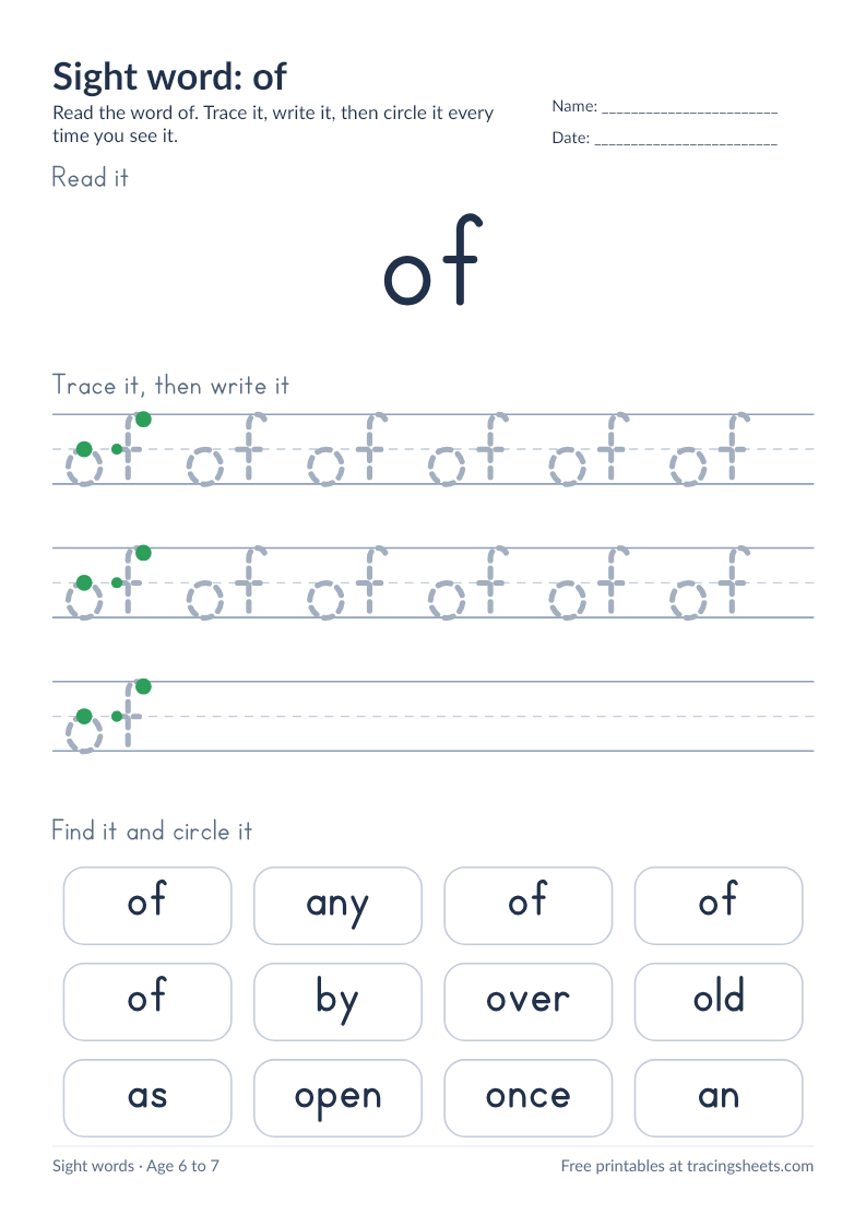 Preview of the printable sight word: of worksheet