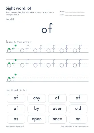 Preview of the sight word: of worksheet