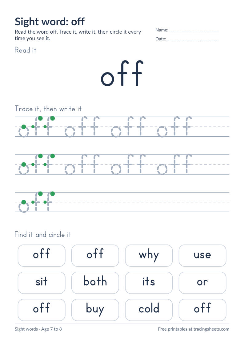 Preview of the printable sight word: off worksheet