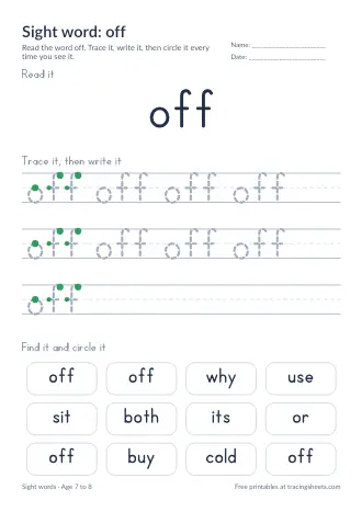 Preview of the sight word: off worksheet
