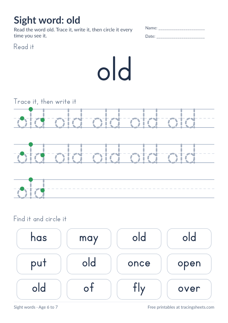 Preview of the printable sight word: old worksheet