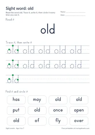 Preview of the sight word: old worksheet