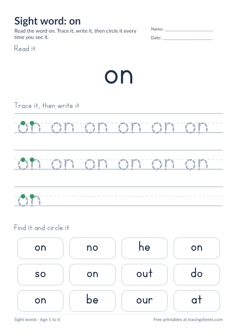 Preview of the printable sight word: on worksheet