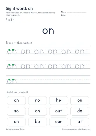 Preview of the sight word: on worksheet
