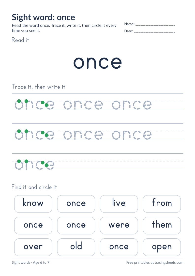 Preview of the printable sight word: once worksheet