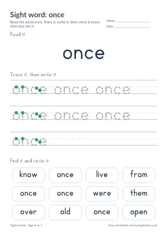 Preview of the sight word: once worksheet
