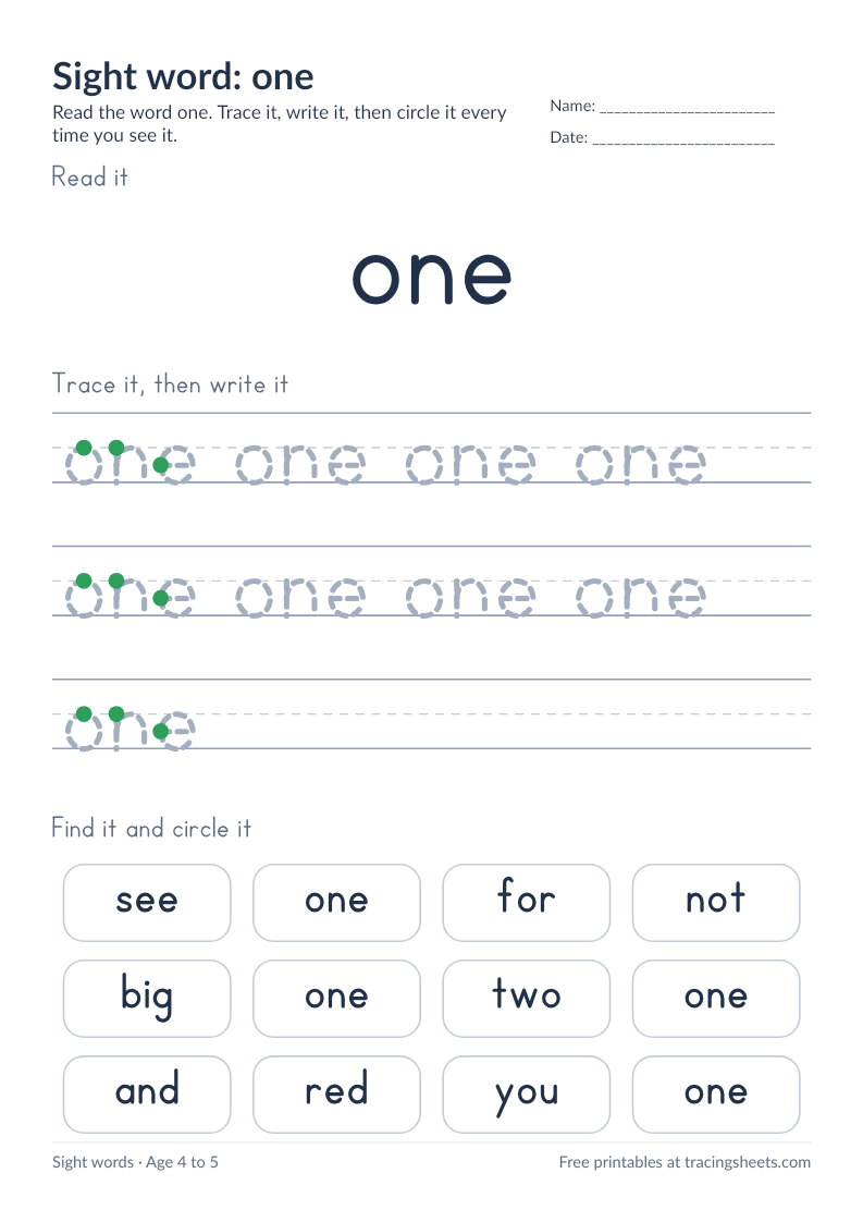 Preview of the printable sight word: one worksheet