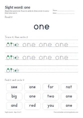 Preview of the sight word: one worksheet