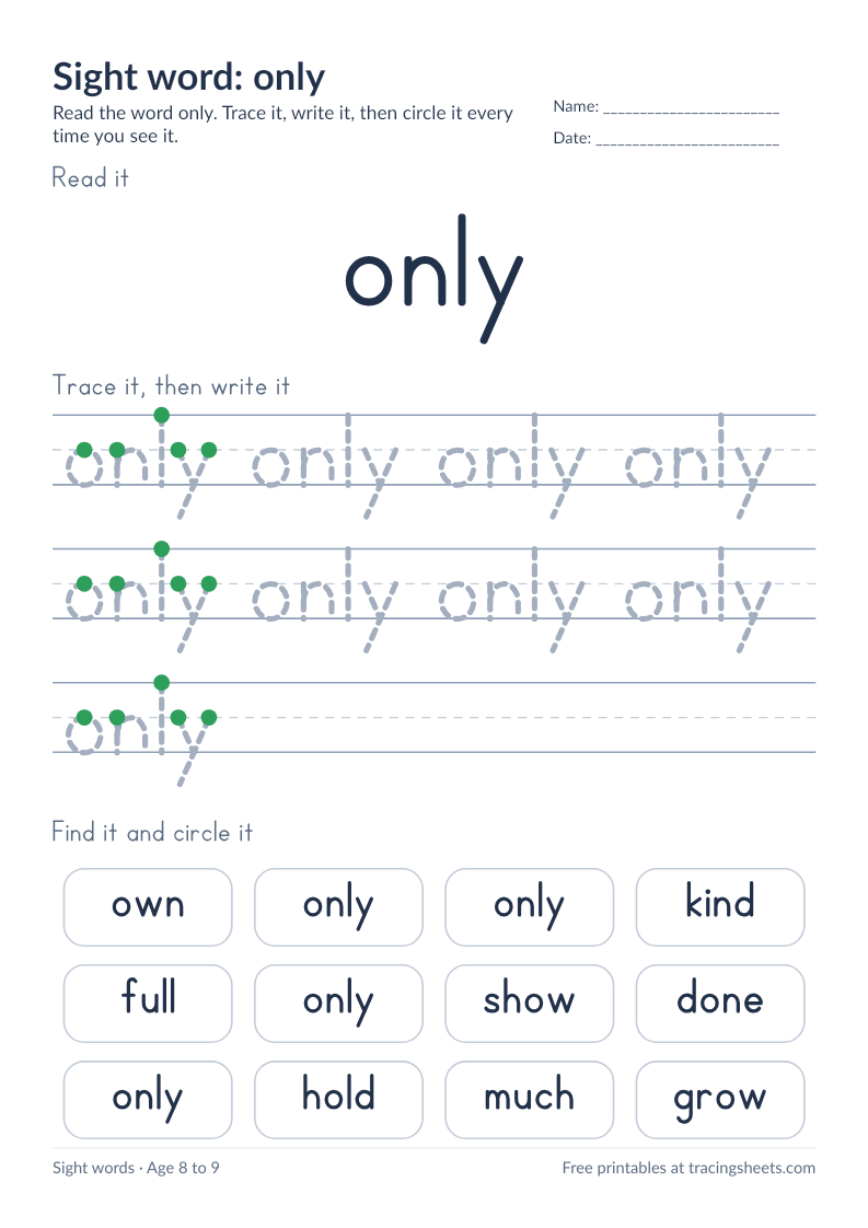 Preview of the printable sight word: only worksheet