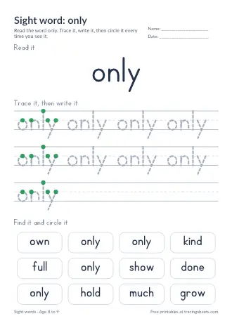 Preview of the sight word: only worksheet