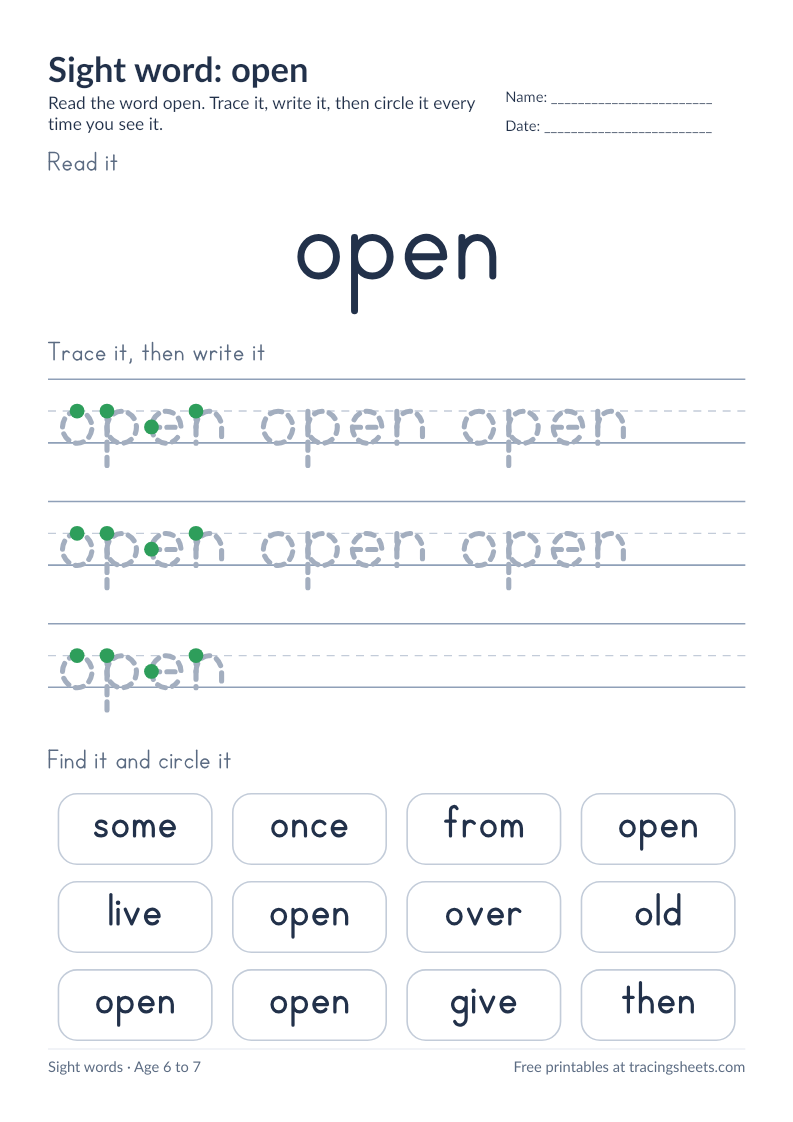 Preview of the printable sight word: open worksheet