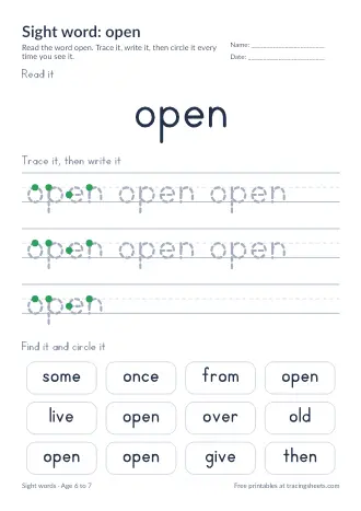 Preview of the sight word: open worksheet