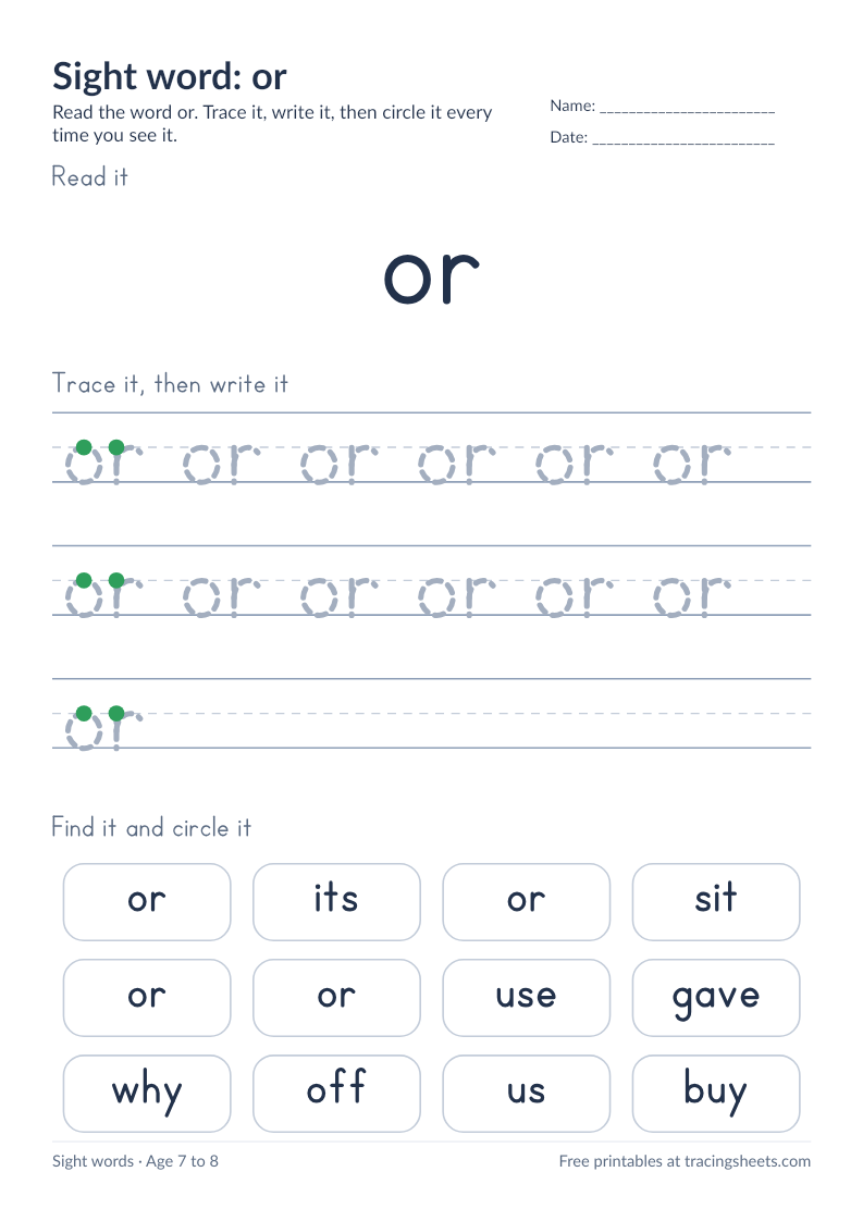 Preview of the printable sight word: or worksheet