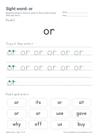 Preview of the sight word: or worksheet