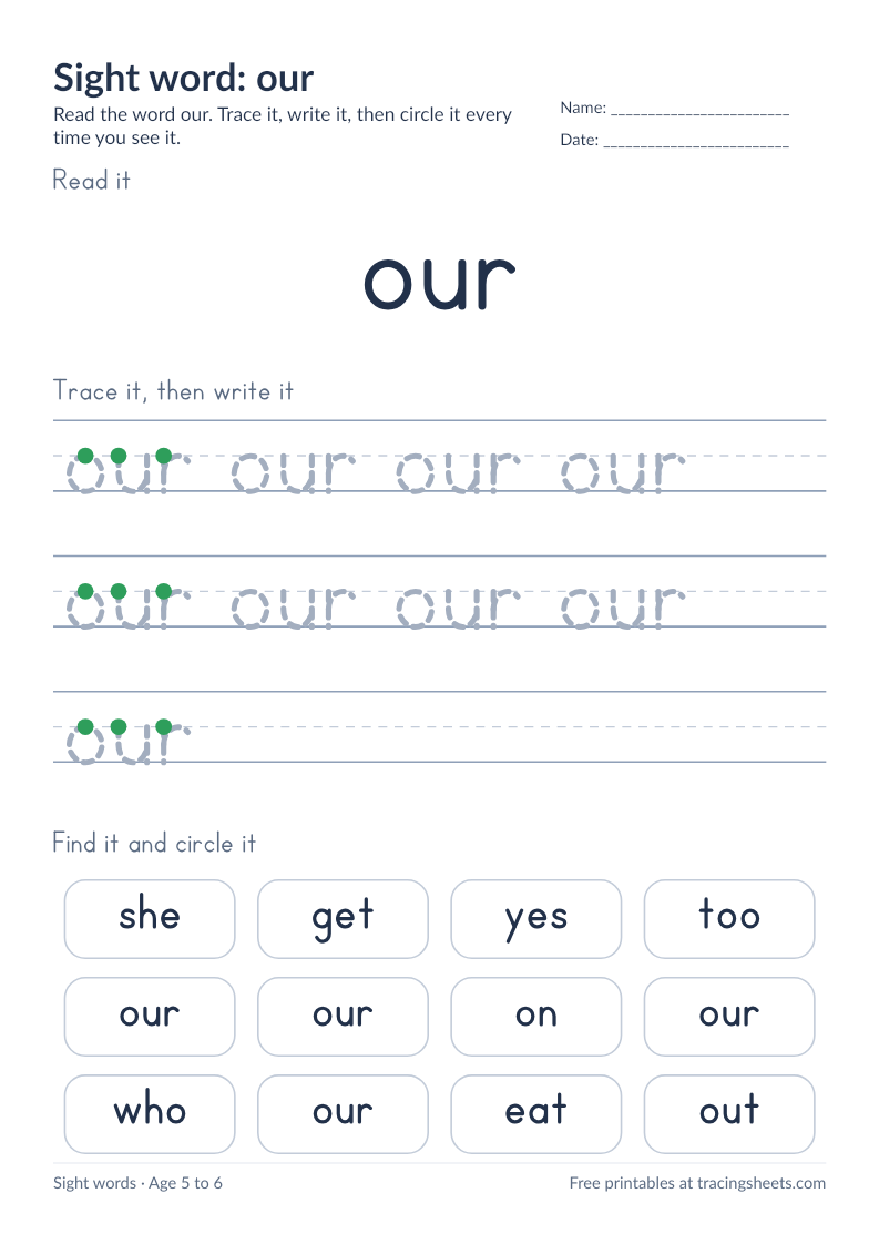 Preview of the printable sight word: our worksheet