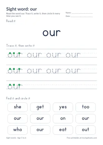 Preview of the sight word: our worksheet