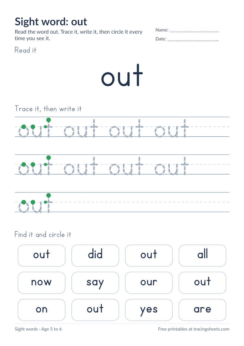 Preview of the printable sight word: out worksheet