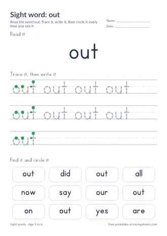Preview of the sight word: out worksheet