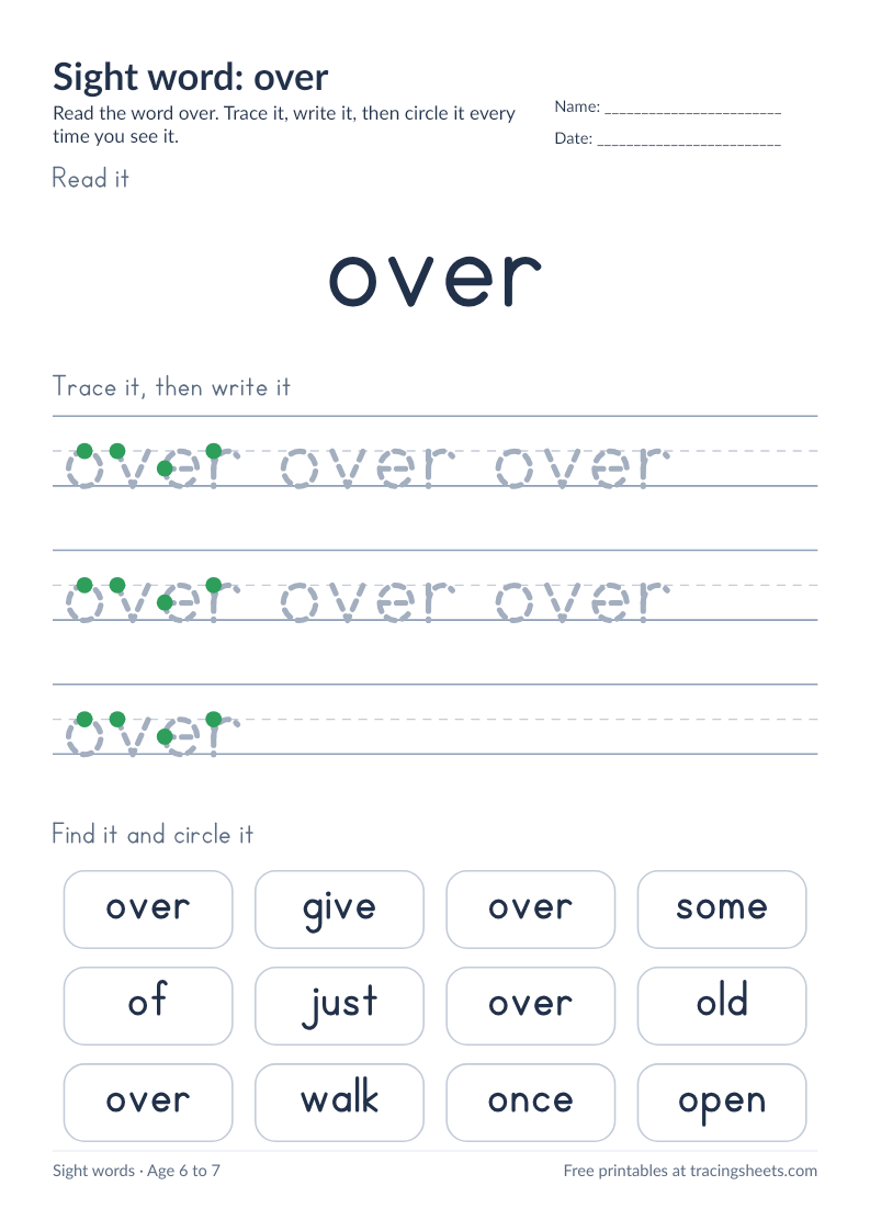 Preview of the printable sight word: over worksheet