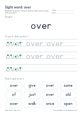 Preview of the sight word: over worksheet