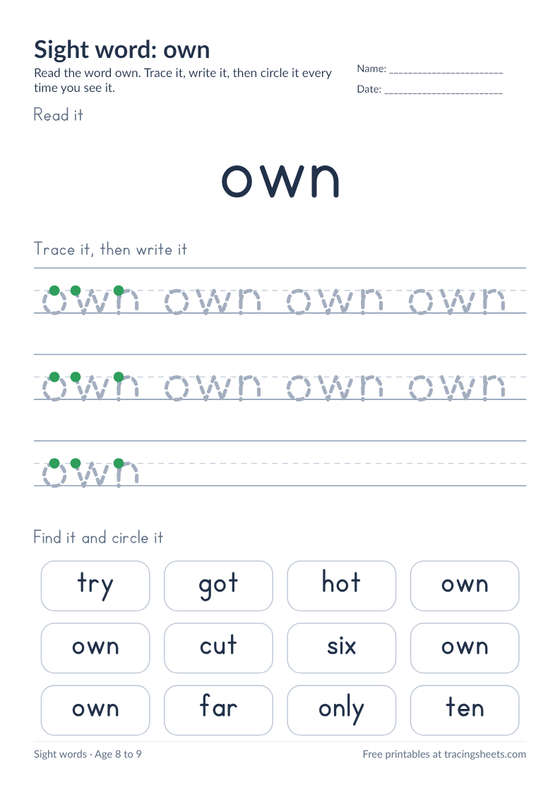 Preview of the printable sight word: own worksheet
