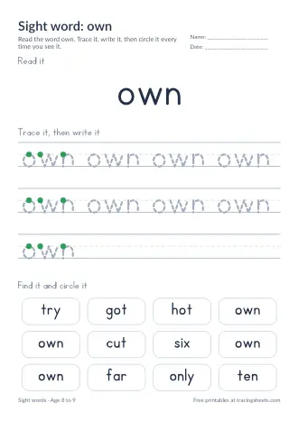Preview of the sight word: own worksheet