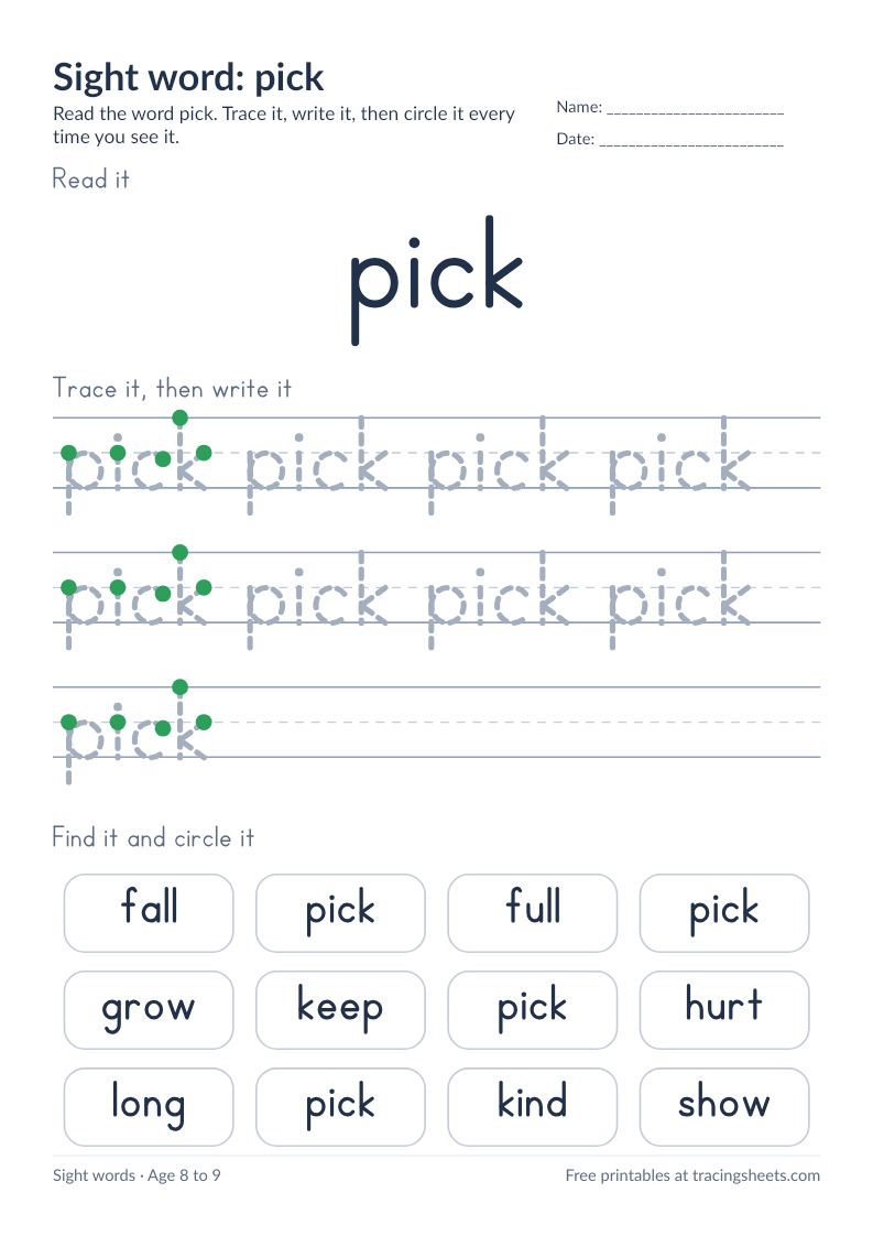 Preview of the printable sight word: pick worksheet
