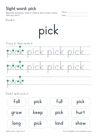 Preview of the sight word: pick worksheet