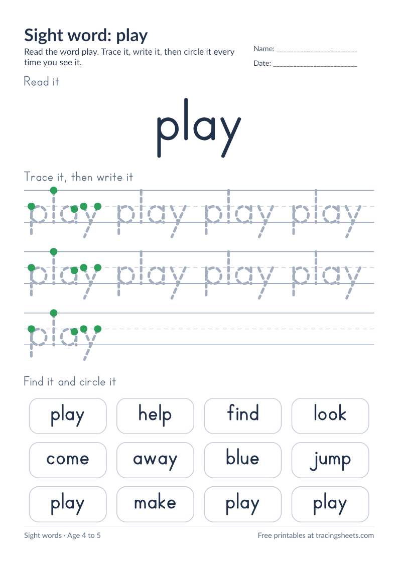 Preview of the printable sight word: play worksheet