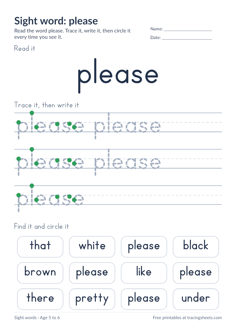 Preview of the printable sight word: please worksheet