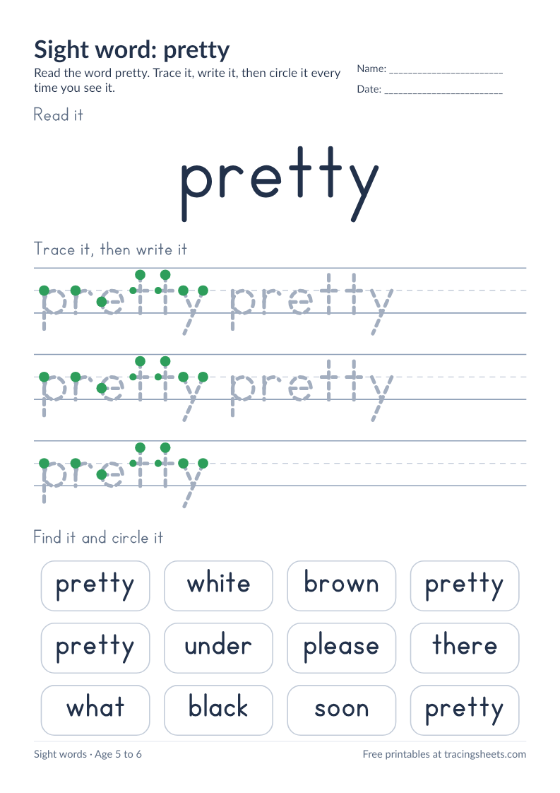 Preview of the printable sight word: pretty worksheet