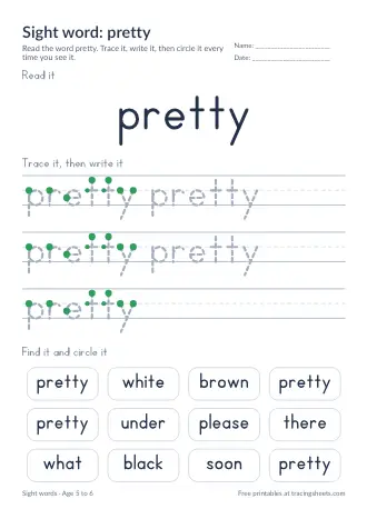 Preview of the sight word: pretty worksheet