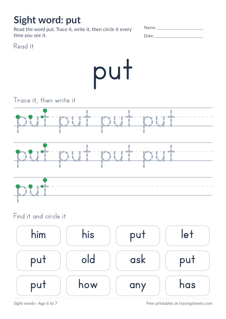 Preview of the printable sight word: put worksheet