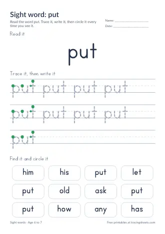 Preview of the sight word: put worksheet