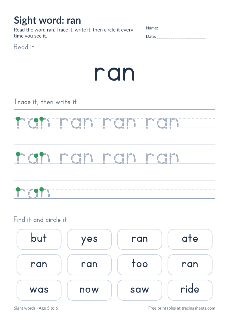 Preview of the printable sight word: ran worksheet