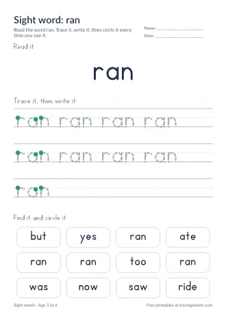Preview of the sight word: ran worksheet