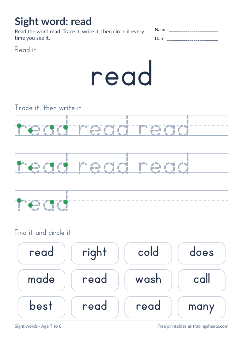 Preview of the printable sight word: read worksheet