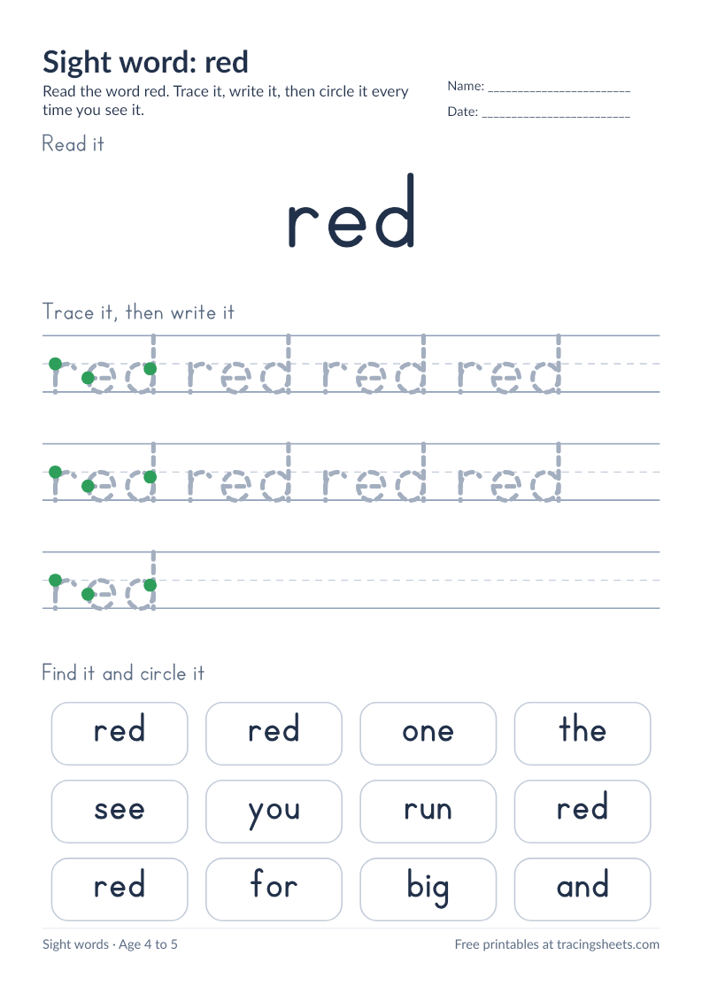 Preview of the printable sight word: red worksheet