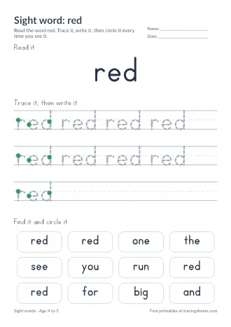 Preview of the sight word: red worksheet
