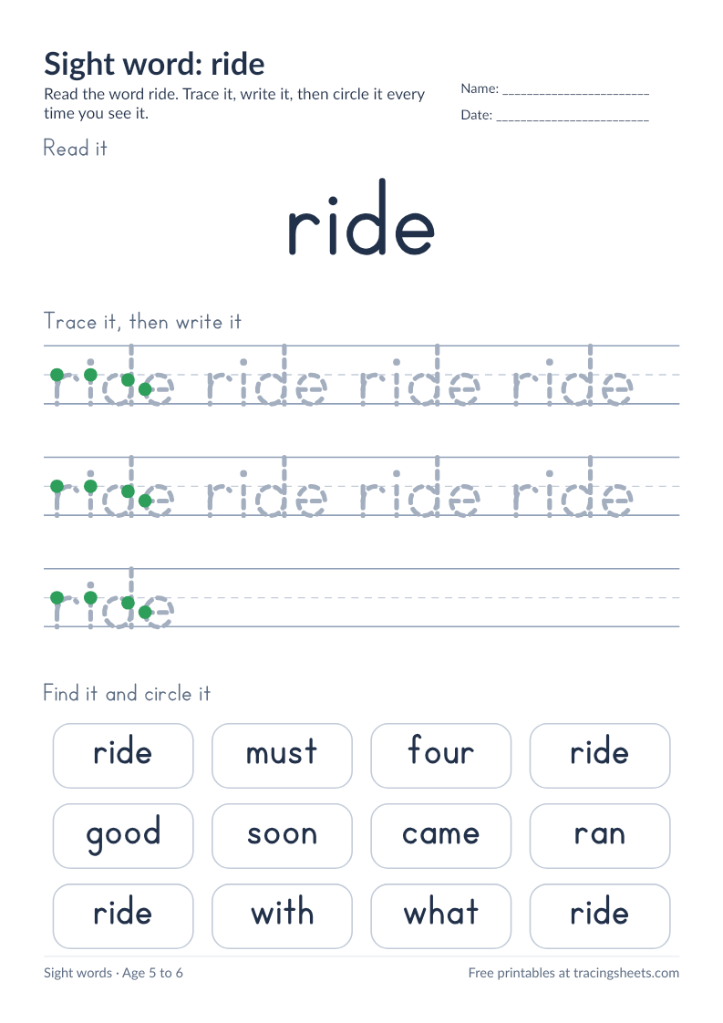 Preview of the printable sight word: ride worksheet