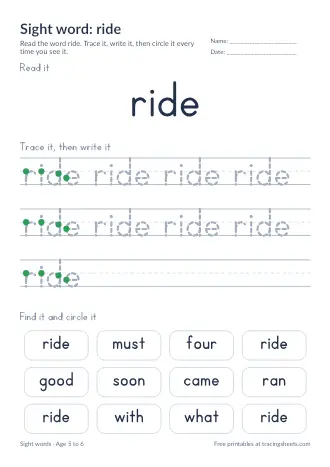 Preview of the sight word: ride worksheet