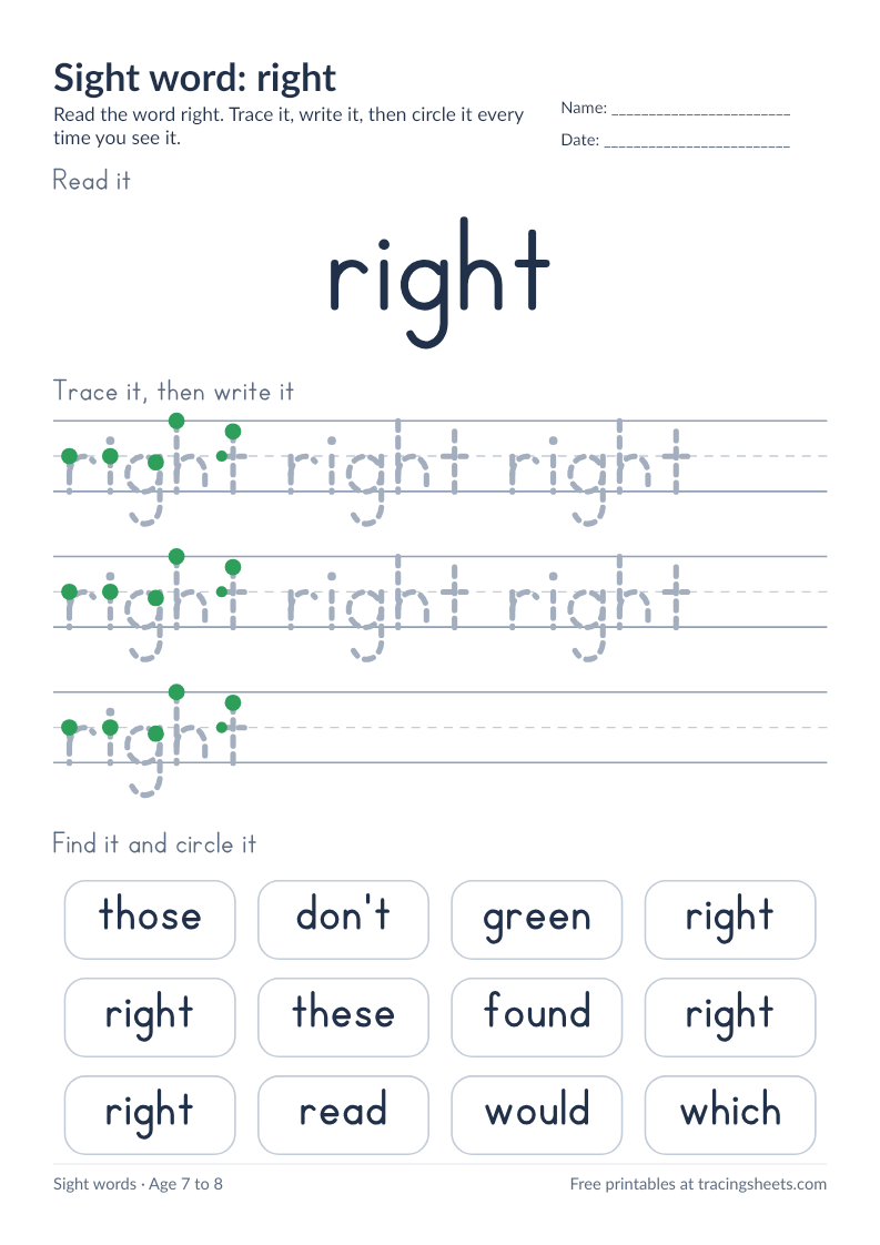 Preview of the printable sight word: right worksheet