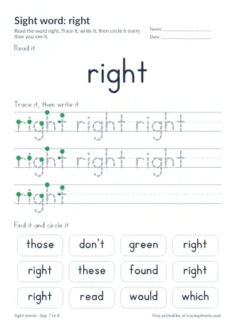Preview of the sight word: right worksheet