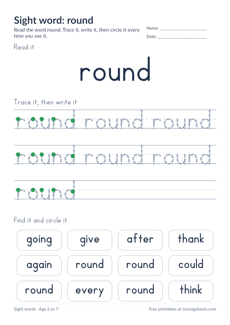 Preview of the printable sight word: round worksheet