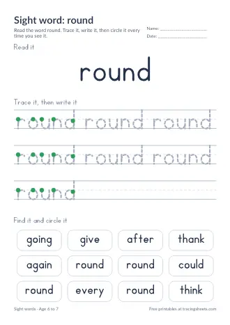 Preview of the sight word: round worksheet